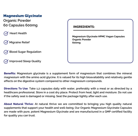 Natural Pure & Premium Magnesium Glycinate (Glycinate) Powder Capsules 600mg | £8.99 | Natural Powder Supplements Natural Thrive Natural Thrive
