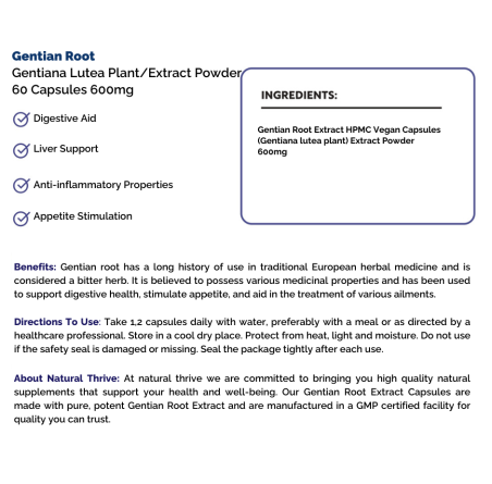 Natural Pure & Premium Gentian Root (Gentianae Radix) Extract Powder Capsules 600mg | £12.99 | Natural Powder Supplements Natural Thrive Natural Thrive