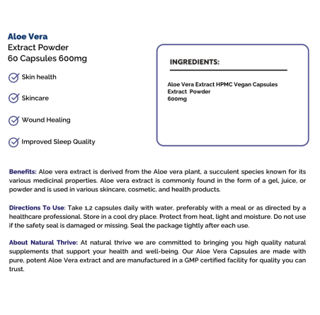 Natural Pure & Premium Aloe Vera Extract Powder Capsules 600mg | £8.99 | Natural Powder Supplements Natural Thrive Natural Thrive