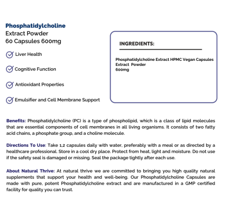 Natural Pure & Premium Phosphatidylcholine Extract Powder Capsules 600mg | £11.99 | Natural Powder Supplements Natural Thrive Natural Thrive