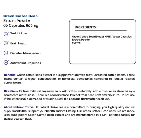 Natural Pure & Premium Green Coffee Bean Capsules 600mg | £7.99 | Organic Supplements Natural Thrive Natural Thrive