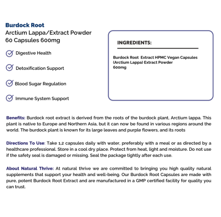Natural Pure & Premium Burdock Root (Arctium Lappa) Extract Powder Capsules 600mg | £7.99 | Organic Supplements Natural Thrive Natural Thrive