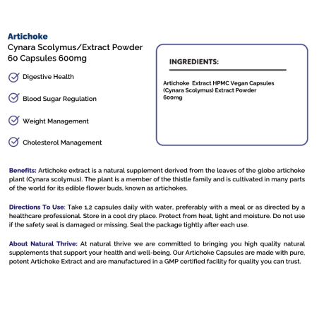 Natural Pure & Premium Artichoke Extract Powder Capsules 600mg | £8.99 | Natural Powder Supplements Natural Thrive Natural Thrive