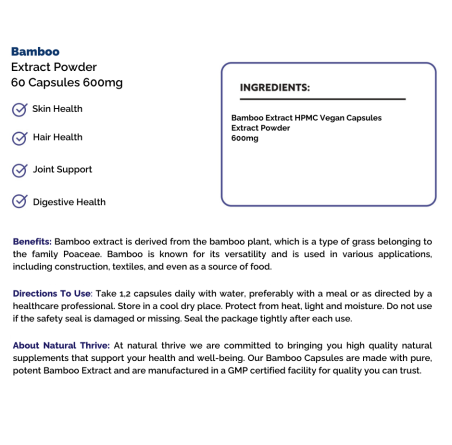 Natural Pure & Premium Bamboo (Bambusoideae) Extract Powder Capsules 600mg | £8.99 | Natural Powder Supplements Natural Thrive Natural Thrive