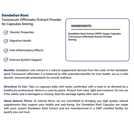 Natural pure & Premium Dandelion Root (Taraxacum Officinale) Extract Powder Capsules 600mg | £6.99 | Natural Powder Supplements Natural Thrive Natural Thrive