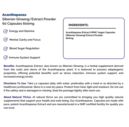Natural pure & Premium Acanthopanax (Siberian Ginseng) Extract Powder Capsules 600mg | £12.95 | Natural Powder Supplements Natural Thrive Natural Thrive