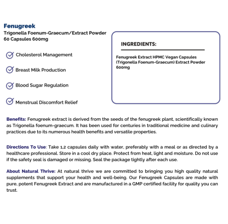 Natural pure & Premium Fenugreek (Trigonella Foenum-Graecum) Extract Powder Capsules 600mg | £8.99 | Natural Powder Supplements Natural Thrive Natural Thrive