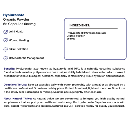 Natural pure & Premium Hyaluronate (Sodium Hyaluronate) Powder Capsules 600mg | £14.95 | Natural Powder Supplements Natural Thrive Natural Thrive