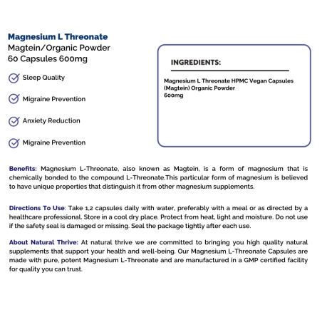 Natural pure & Premium Magnesium L Threonate (Magtein) Powder Capsules 600mg | £9.99 | Natural Powder Supplements Natural Thrive Natural Thrive