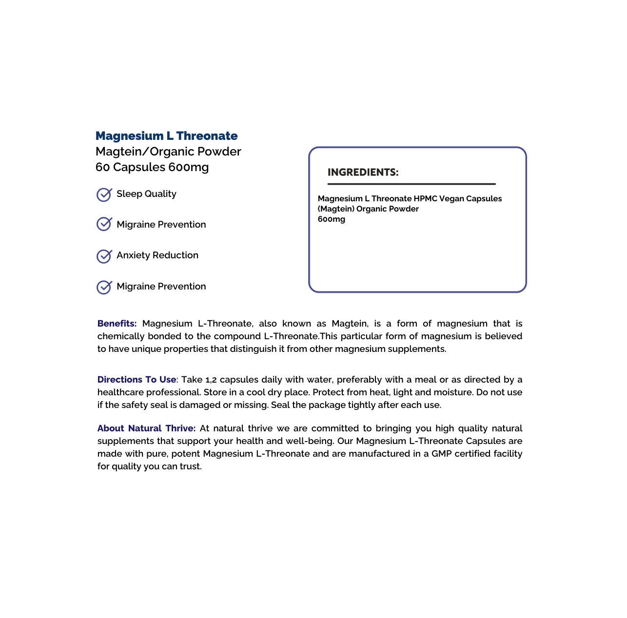 Natural pure & Premium Magnesium L Threonate (Magtein) Powder Capsules