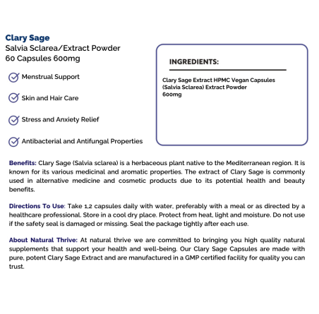 Natural pure & Premium Clary Sage (Salvia Sclarea) Extract Powder Capsules 600mg | £8.99 | Natural Powder Supplements Natural Thrive Natural Thrive