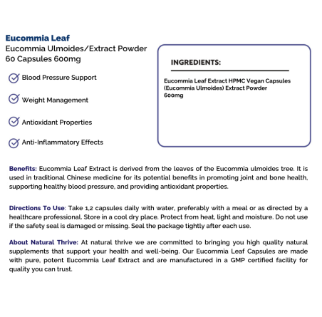 Natural pure & Premium Eucommia Leaf (Eucommia Ulmoides) Extract Powder Capsules 600mg | £12.99 | Natural Powder Supplements Natural Thrive Natural Thrive