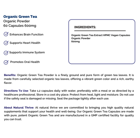 Natural pure & Premium Green Tea Powder Capsules 600mg | £7.99 | Natural Powder Supplements Natural Thrive Natural Thrive