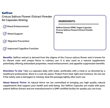 Natural pure & Premium Saffron (Crocus Sativus) Extract Powder Capsules 600mg | £11.99 | Natural Powder Supplements Natural Thrive Natural Thrive
