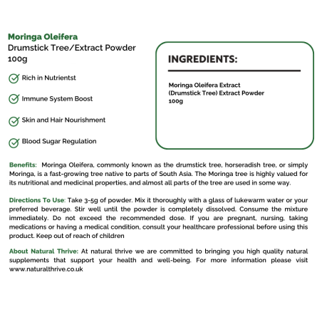 Natural Pure & Premium Moringa Oleifera (Drumstick Tree) Extract Powder 100g | £19.95 | Natural Powder Supplements Natural Thrive Natural Thrive