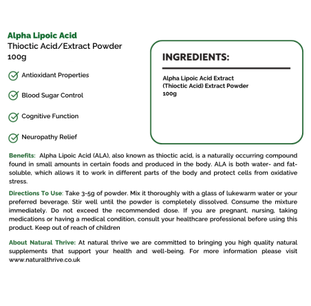 Natural Pure & Premium Alpha Lipoic Acid 100g | £29.95 | Natural Powder Supplements Natural Thrive Natural Thrive