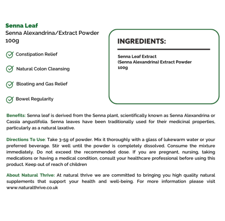 Natural Pure & Premium Senna Leaf (Cassia Senna) Extract Powder 100g | £19.95 | Organic Supplements Natural Thrive Natural Thrive