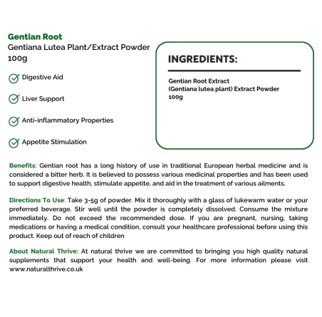 Natural Pure & Premium Gentian Root (Gentianae Radix) Extract Powder 100g | £24.95 | Natural Powder Supplements Natural Thrive Natural Thrive