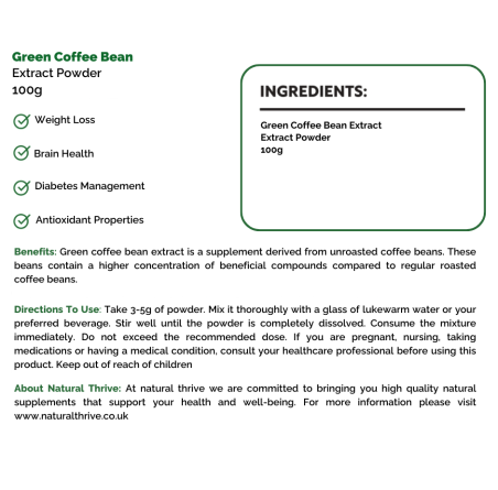Natural Pure & Premium Green Coffee Bean (Coffea Arabica) 100g | £24.95 | Natural Powder Supplements Natural Thrive Natural Thrive