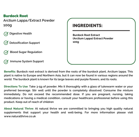 Natural Pure & Premium Burdock Root (Arctium Lappa) Extract Powder 100g | £19.95 | Natural Powder Supplements Natural Thrive Natural Thrive