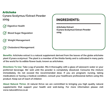 Natural Pure & Premium Artichoke (Cynara Scolymus) Extract Powder 100g | £14.95 | Natural Powder Supplements Natural Thrive Natural Thrive