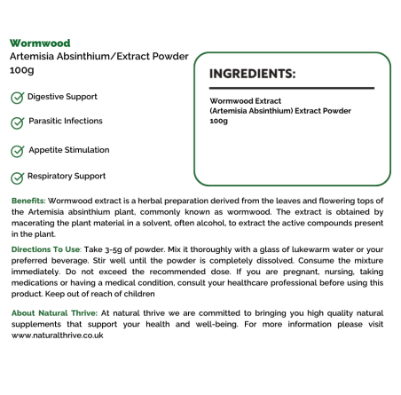Natural Pure & Premium Wormwood (Artemisia Absinthium) Extract Powder 100g | £14.99 | Natural Powder Supplements Natural Thrive Natural Thrive
