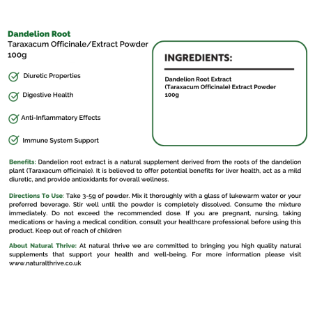 Natural pure & Premium Dandelion Root (Taraxacum Officinale) Extract Powder 100g | £19.99 | Natural Powder Supplements Natural Thrive Natural Thrive