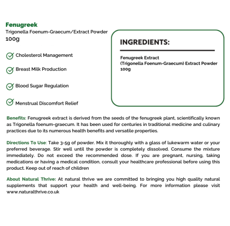 Natural pure & Premium Fenugreek (Trigonella Foenum-Graecum) Extract Powder 100g | £19.95 | Natural Powder Supplements Natural Thrive Natural Thrive