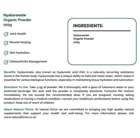 Natural pure & Premium Hyaluronate (Sodium Hyaluronate) Powder 100g | £39.95 | Natural Powder Supplements Natural Thrive Natural Thrive