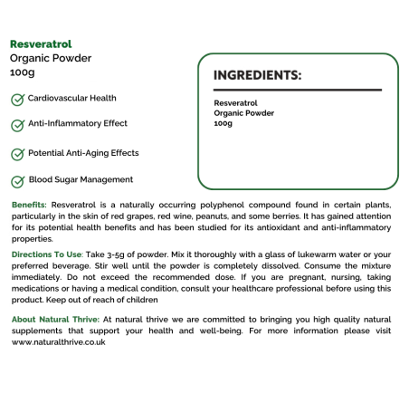 Natural pure & Premium Resveratrol 100g Powder | £29.95 | Natural Powder Supplements Natural Thrive Natural Thrive