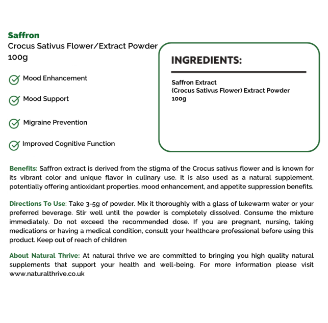 Organic Saffron (Crocus Sativus) Extract Powder 100g