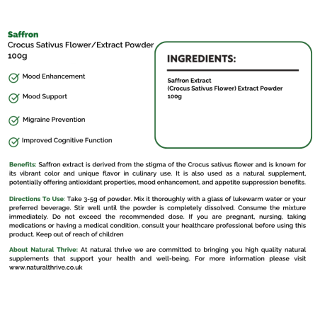 Natural pure & Premium Saffron (Crocus Sativus) Extract Powder 100g | £24.99 | Natural Powder Supplements Natural Thrive Natural Thrive