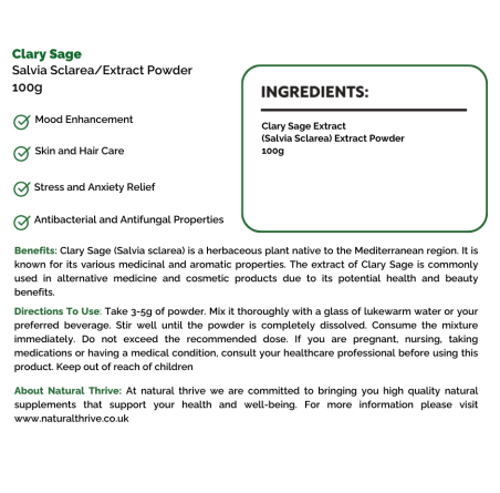 Natural pure & Premium Clary Sage (Salvia Sclarea) Extract Powder 100g | £19.99 | Natural Powder Supplements Natural Thrive Natural Thrive