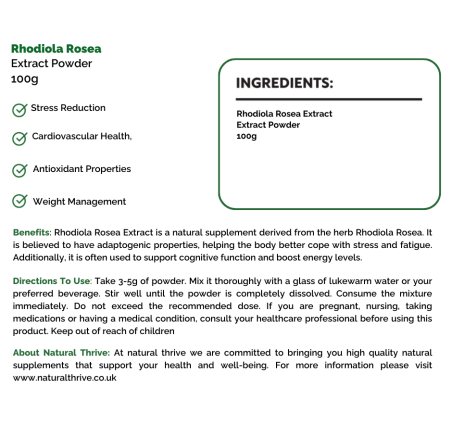 Natural pure & Premium Rhodiola Rosea Extract Powder 100g | £19.95 | Natural Powder Supplements Natural Thrive Natural Thrive
